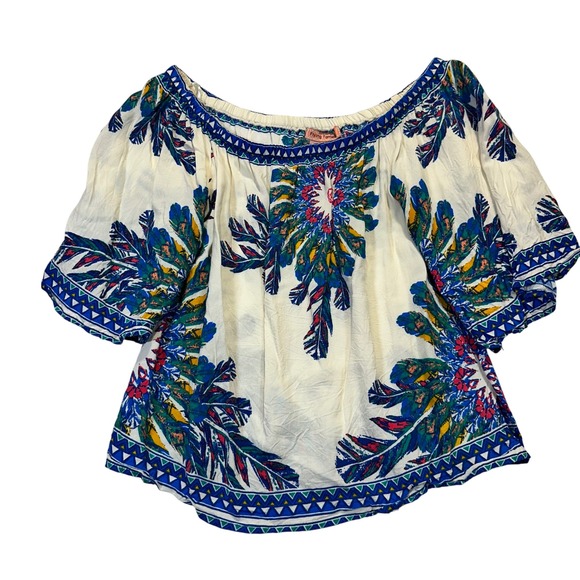 Flying Tomato Tops - Flying Tomato Blouse Womens Small Cream Blue Feather Boho Festival IT10247-TJ